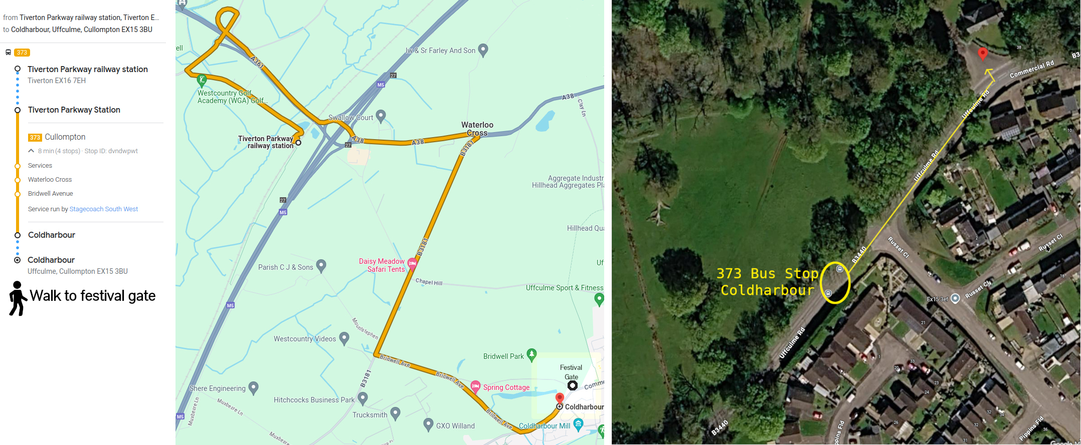 Showing bus route from Tiverton to the festival Bus route