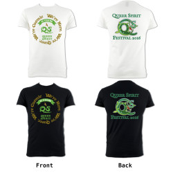 Queer Spirit Celebration T-shirt, front and back designs (adult sizes)